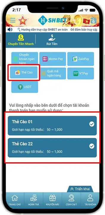 Bước 2: Chọn mục Thẻ Cào, sau đó chọn một bên nạp bất kỳ bên dưới.